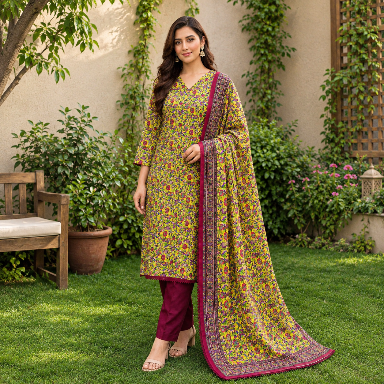 Crimson Bloom Linen 3-Piece With Chiffon Dupata
