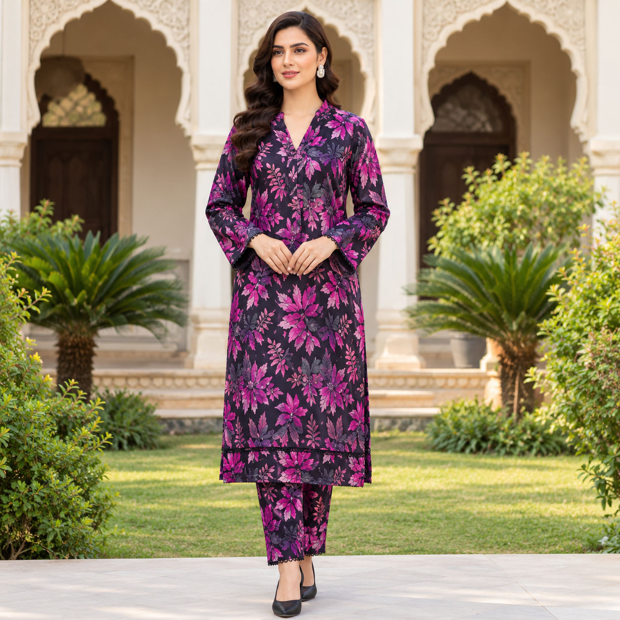 Midnight Black with Magenta Floral Print