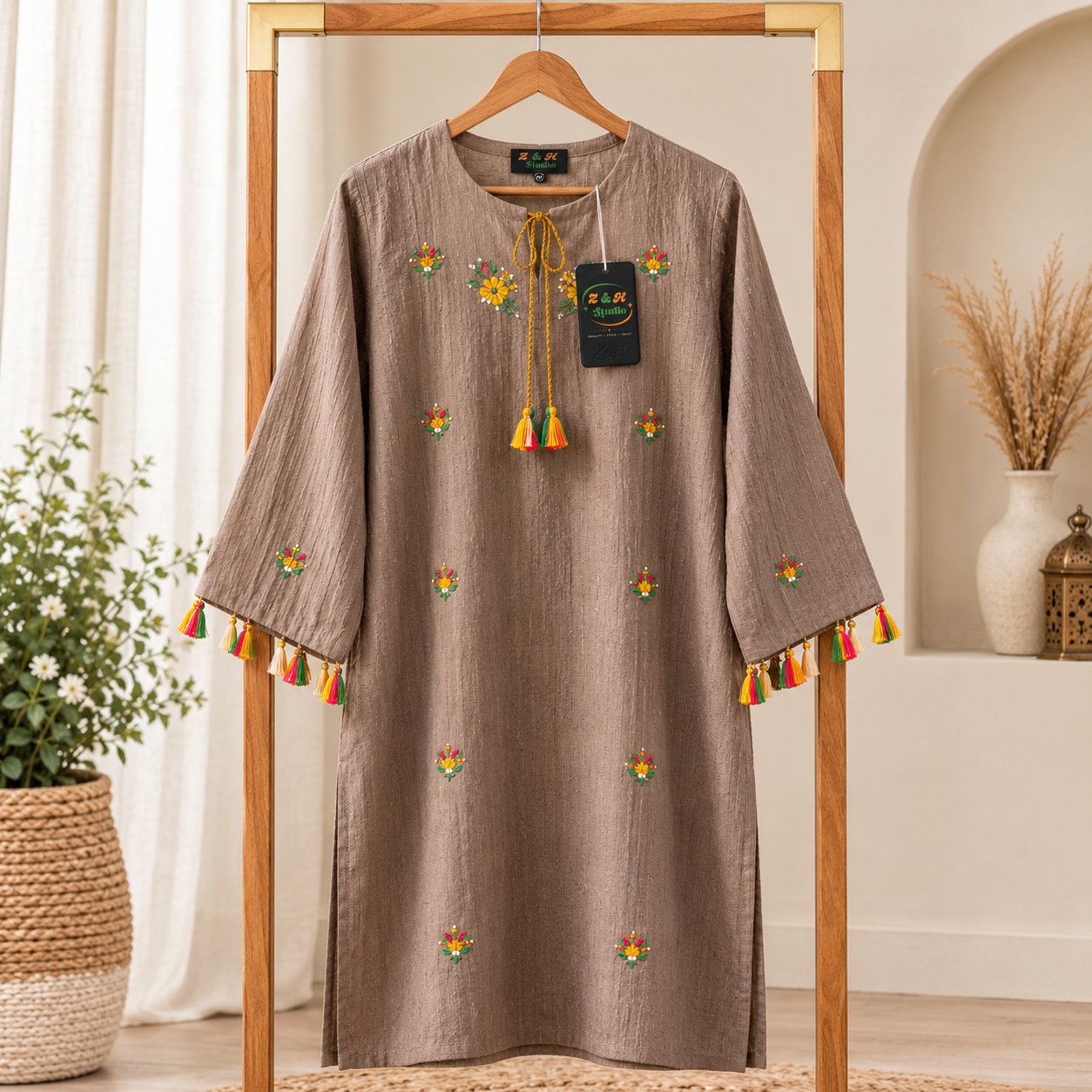 Mocha Taupe Hand-Embroidered Top - Image 5