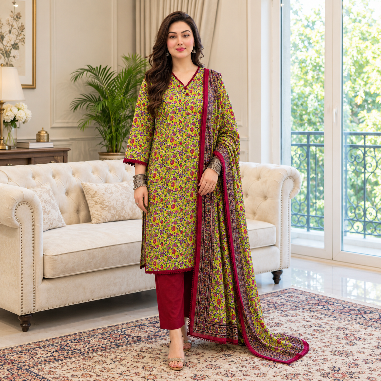 Crimson Bloom Linen 3-Piece With Chiffon Dupata - Image 4