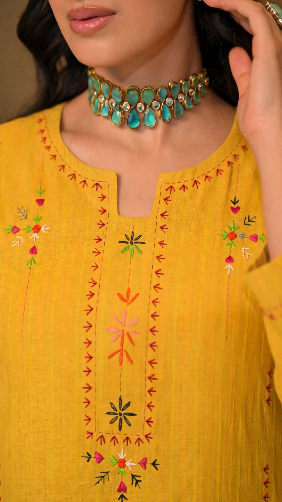 Mustard Gold Hand-Embroidered Kurta - Image 3