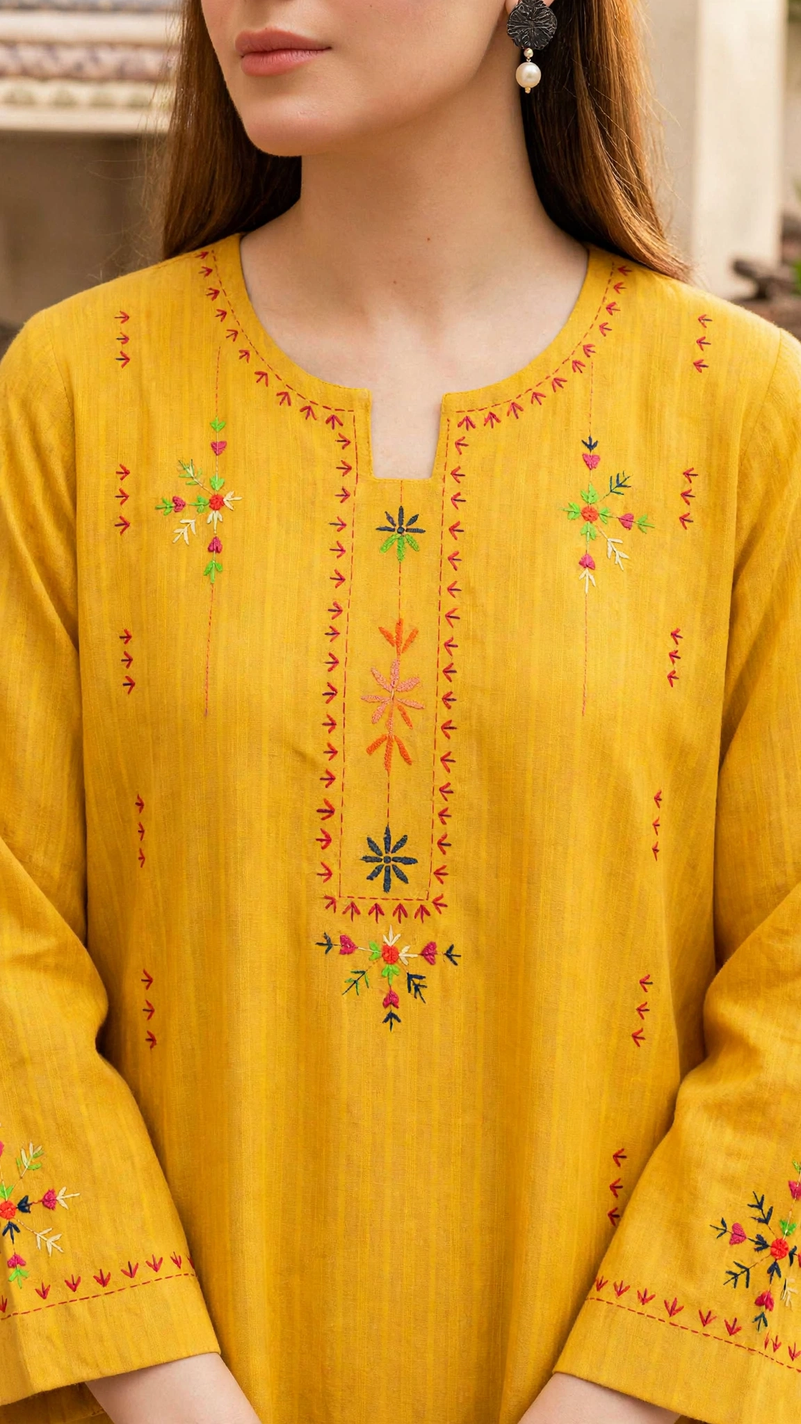Mustard Gold Hand-Embroidered Kurta - Image 2
