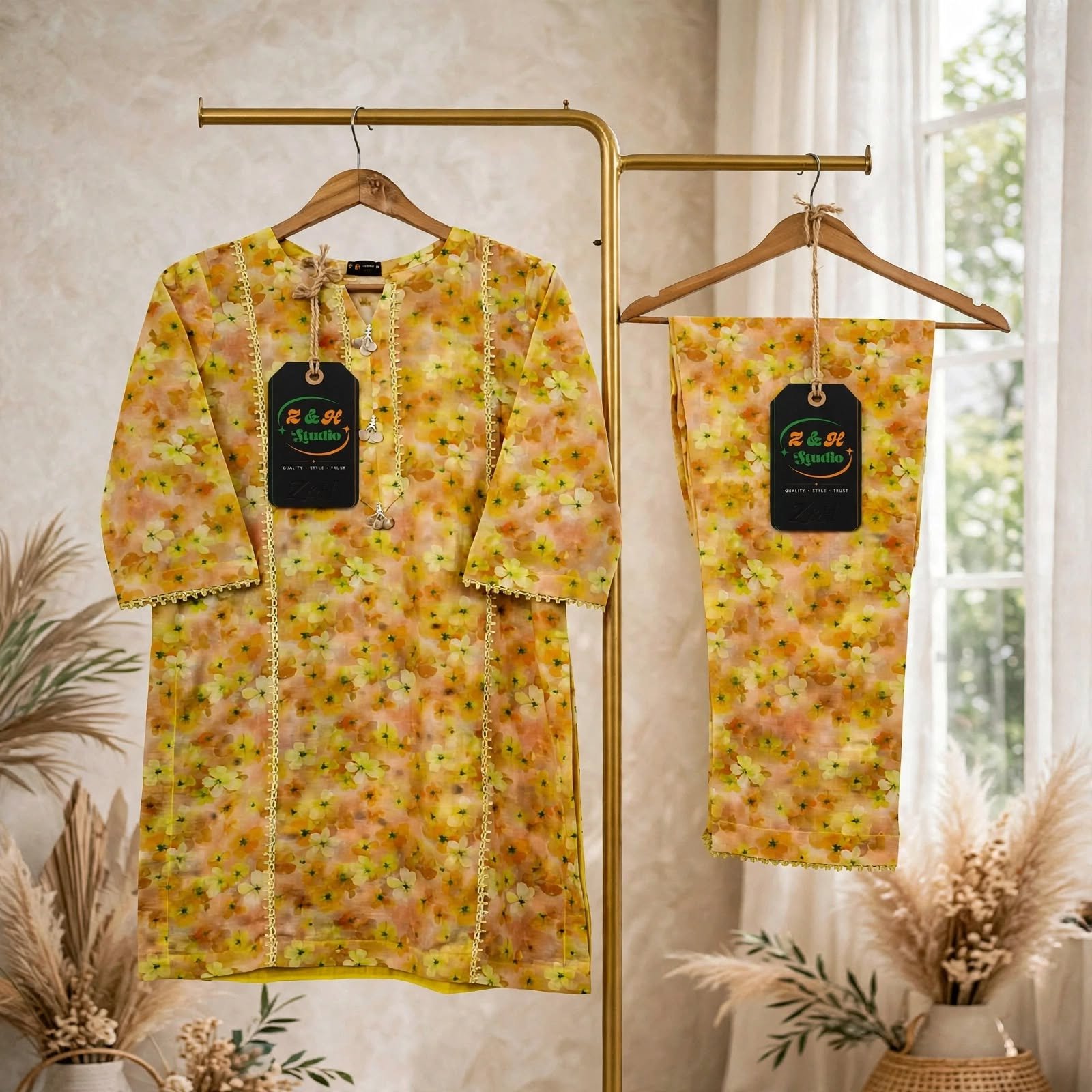 Mustard Yellow Floral 2-Piece Lawn Suit - Image 2