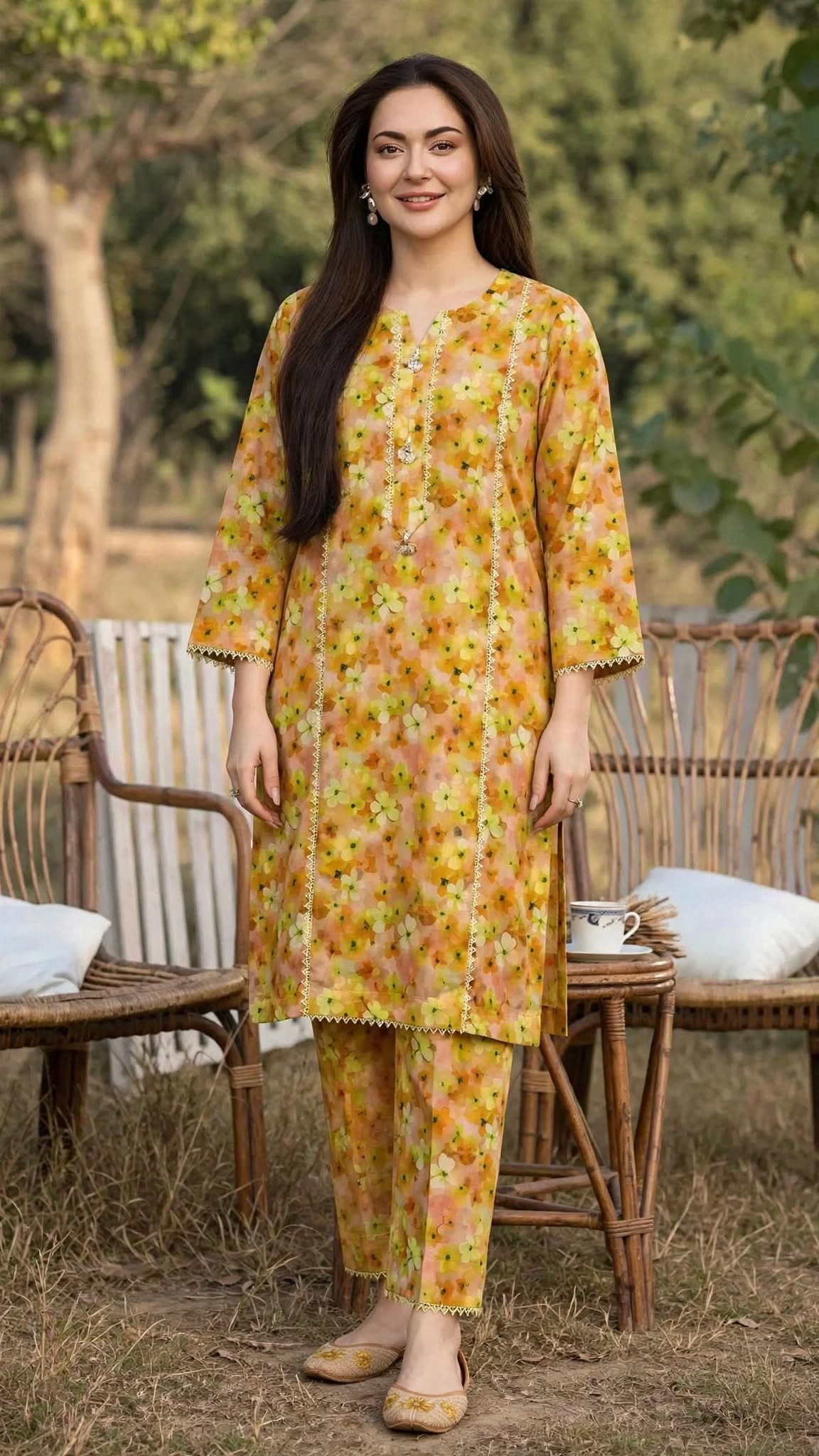 Mustard Yellow Floral 2-Piece Lawn Suit - Image 3
