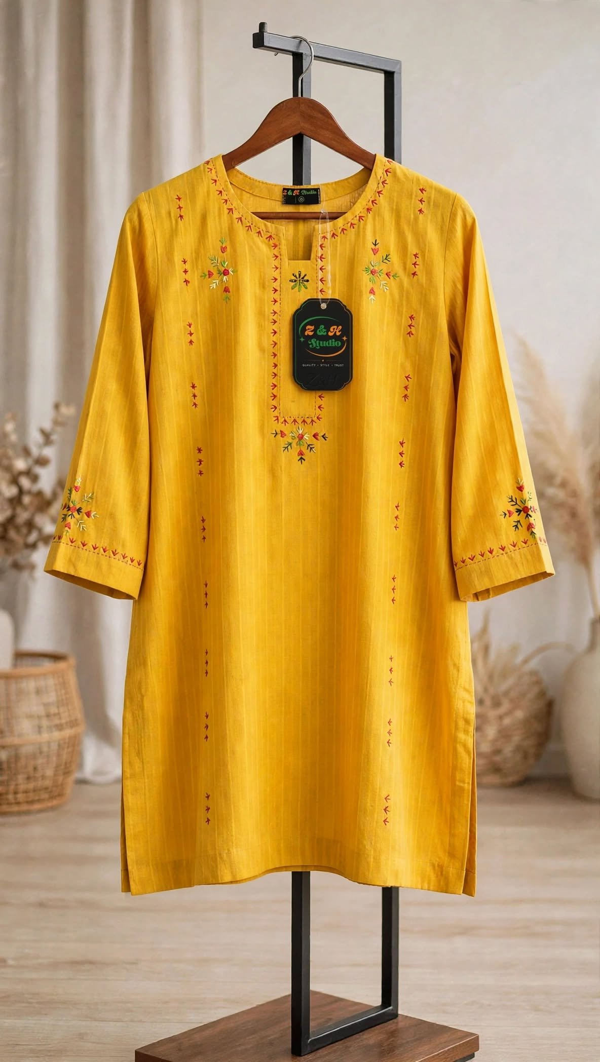 Mustard Gold Hand-Embroidered Kurta - Image 4