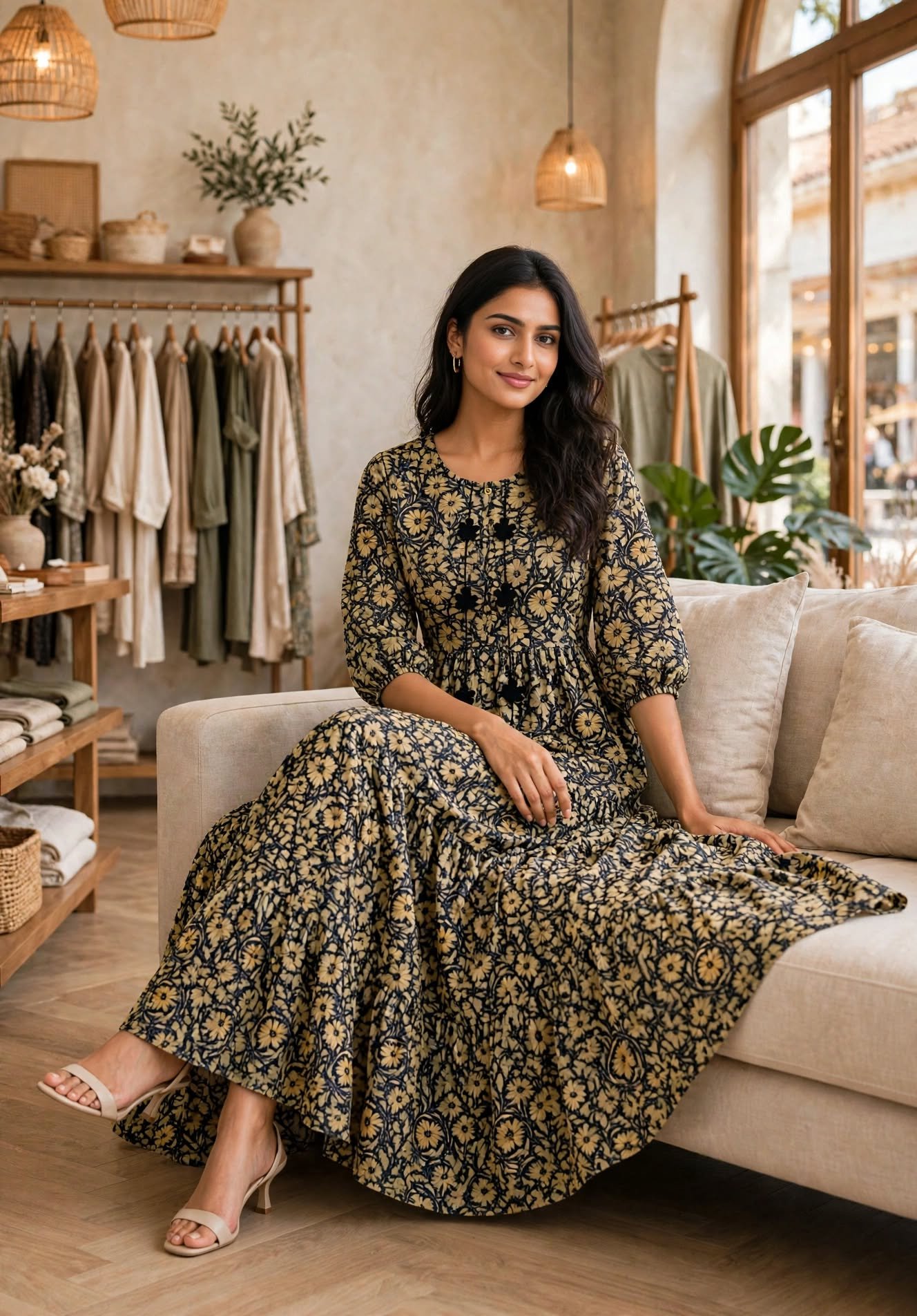 Mustard Yellow Floral Silk Maxi Dress - Image 2