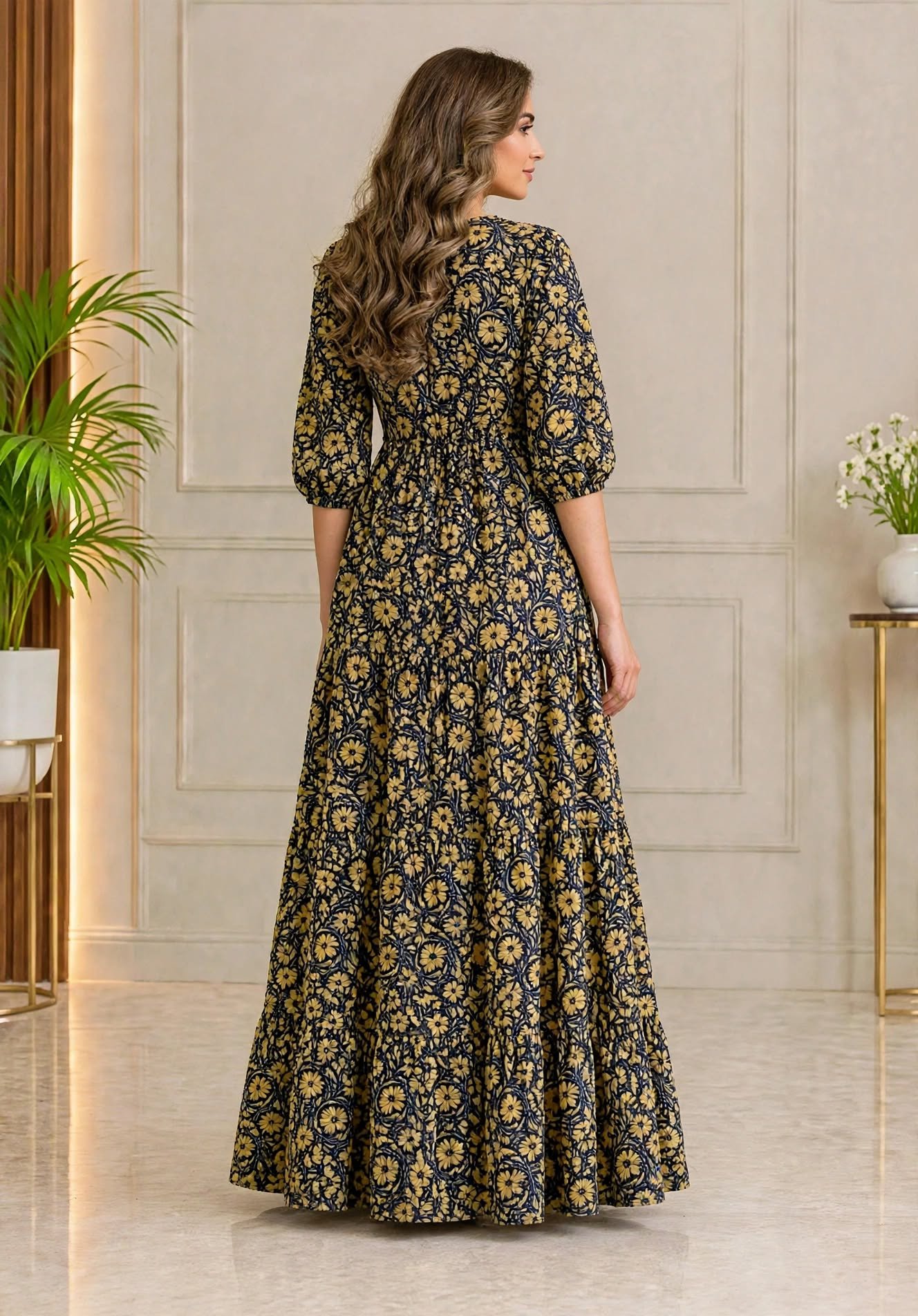 Mustard Yellow Floral Silk Maxi Dress - Image 9
