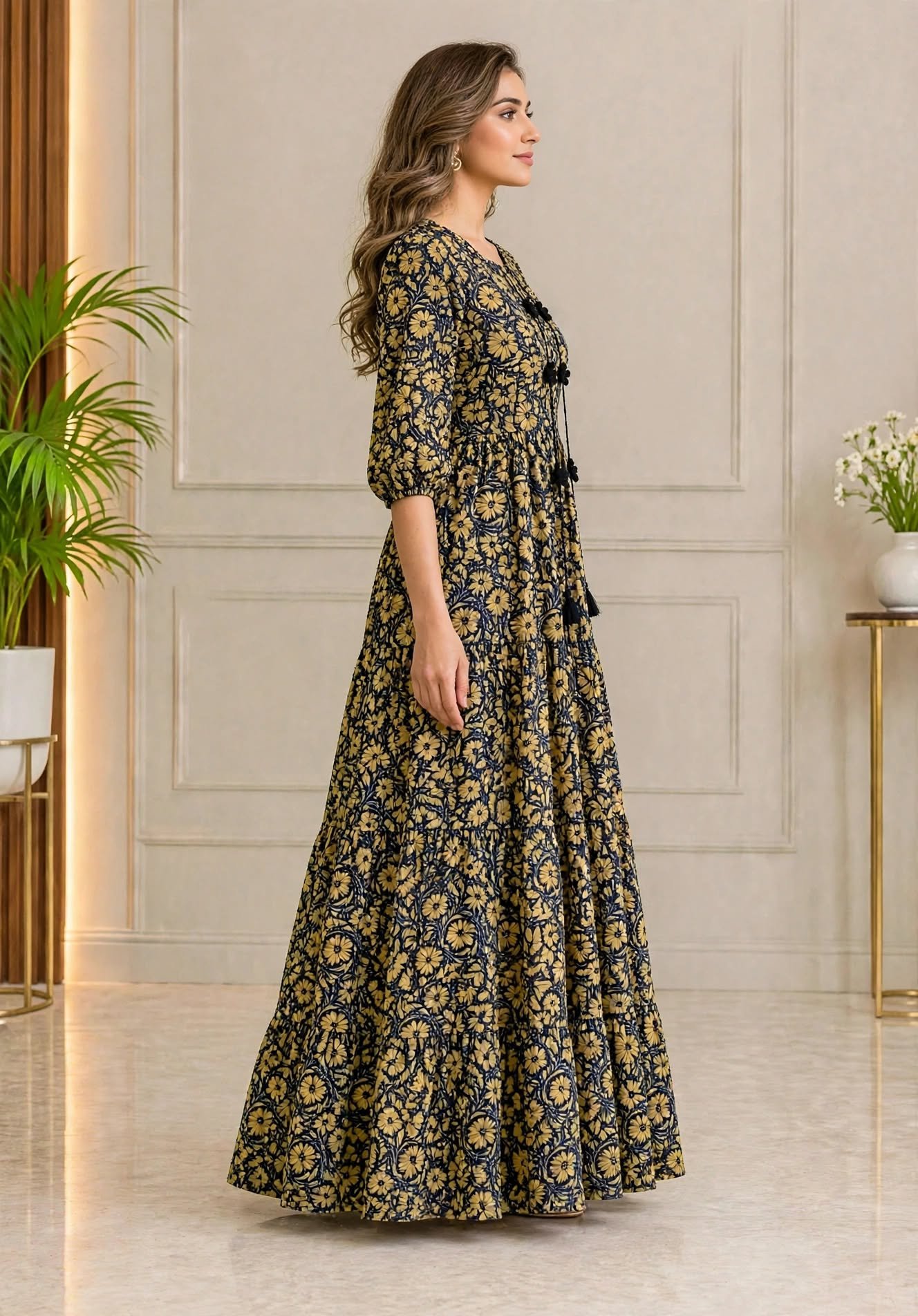 Mustard Yellow Floral Silk Maxi Dress - Image 10