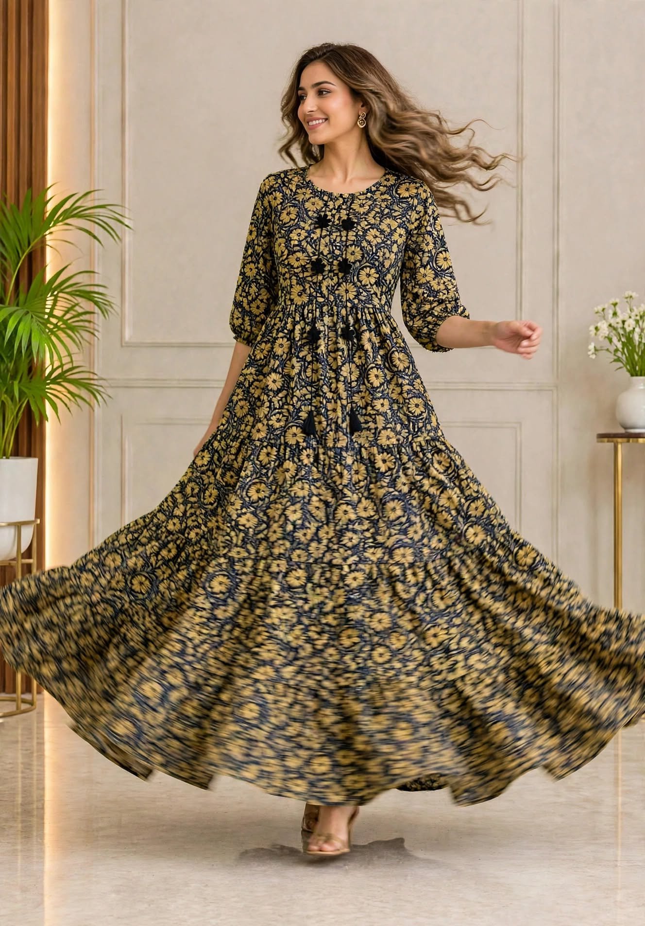 Mustard Yellow Floral Silk Maxi Dress - Image 5
