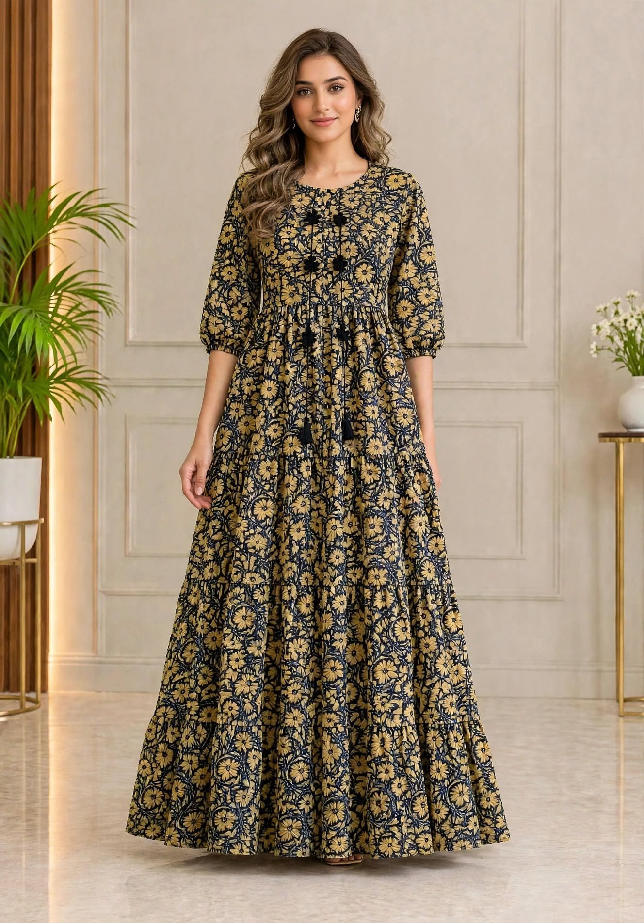 Mustard Yellow Floral Silk Maxi Dress - Image 6