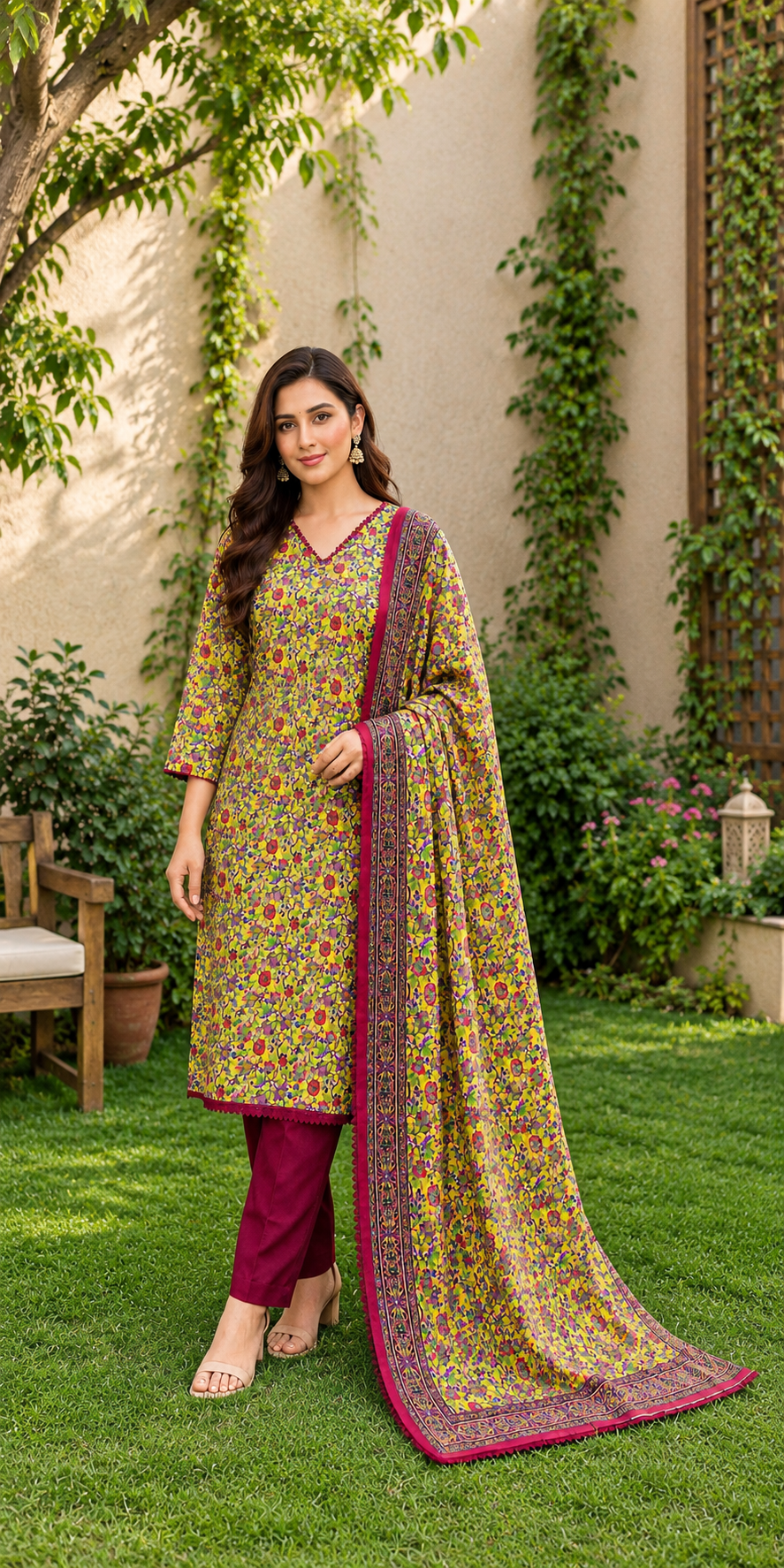 Crimson Bloom Linen 3-Piece With Chiffon Dupata - Image 2