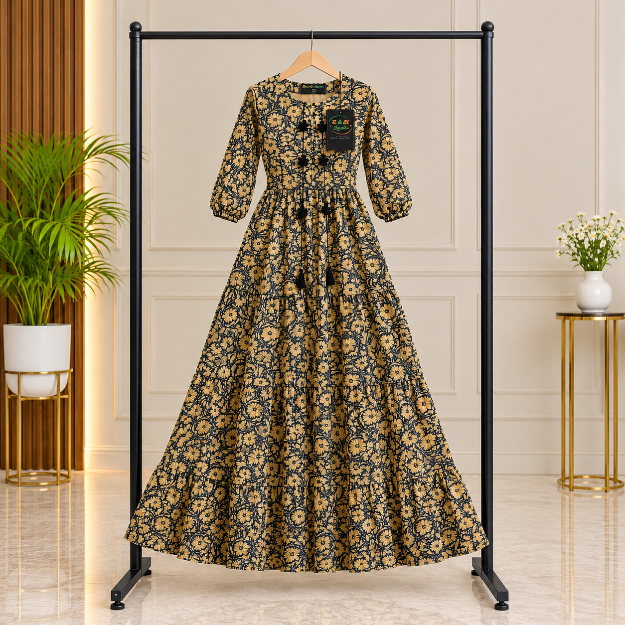 Mustard Yellow Floral Silk Maxi Dress - Image 8