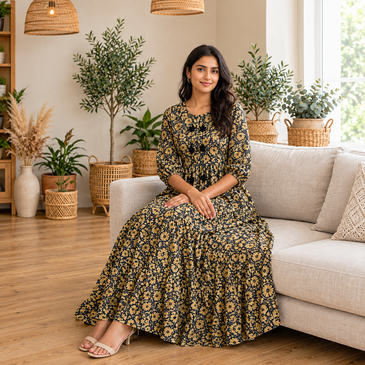 Mustard Yellow Floral Silk Maxi Dress - Image 7