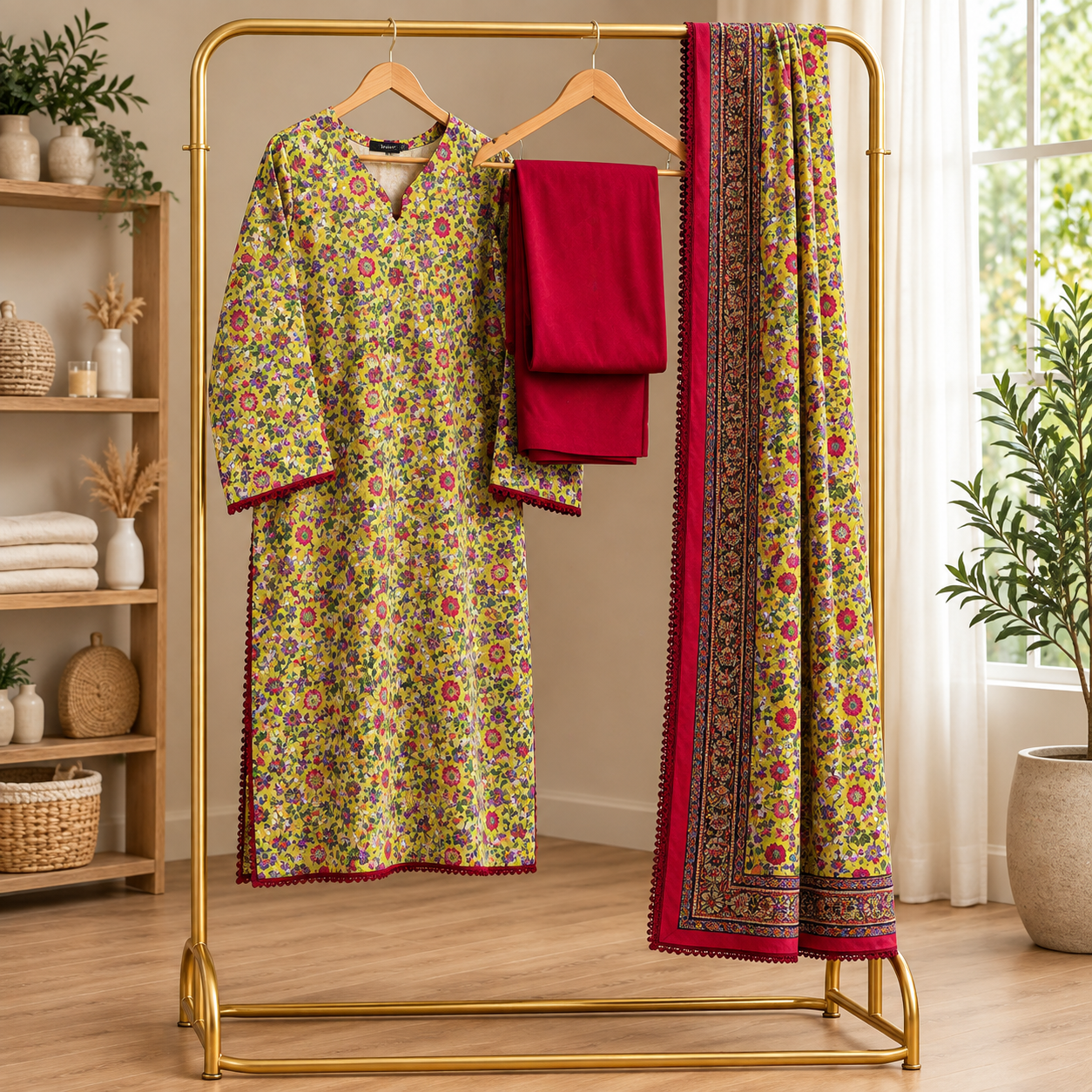 Crimson Bloom Linen 3-Piece With Chiffon Dupata - Image 8