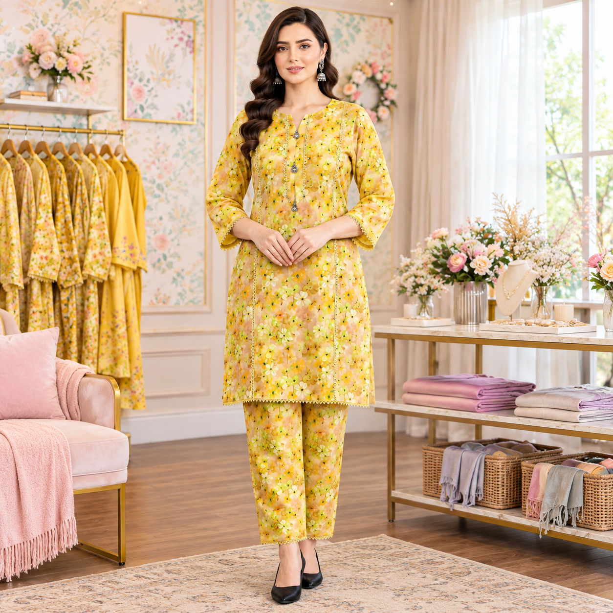 Mustard Yellow Floral 2-Piece Lawn Suit