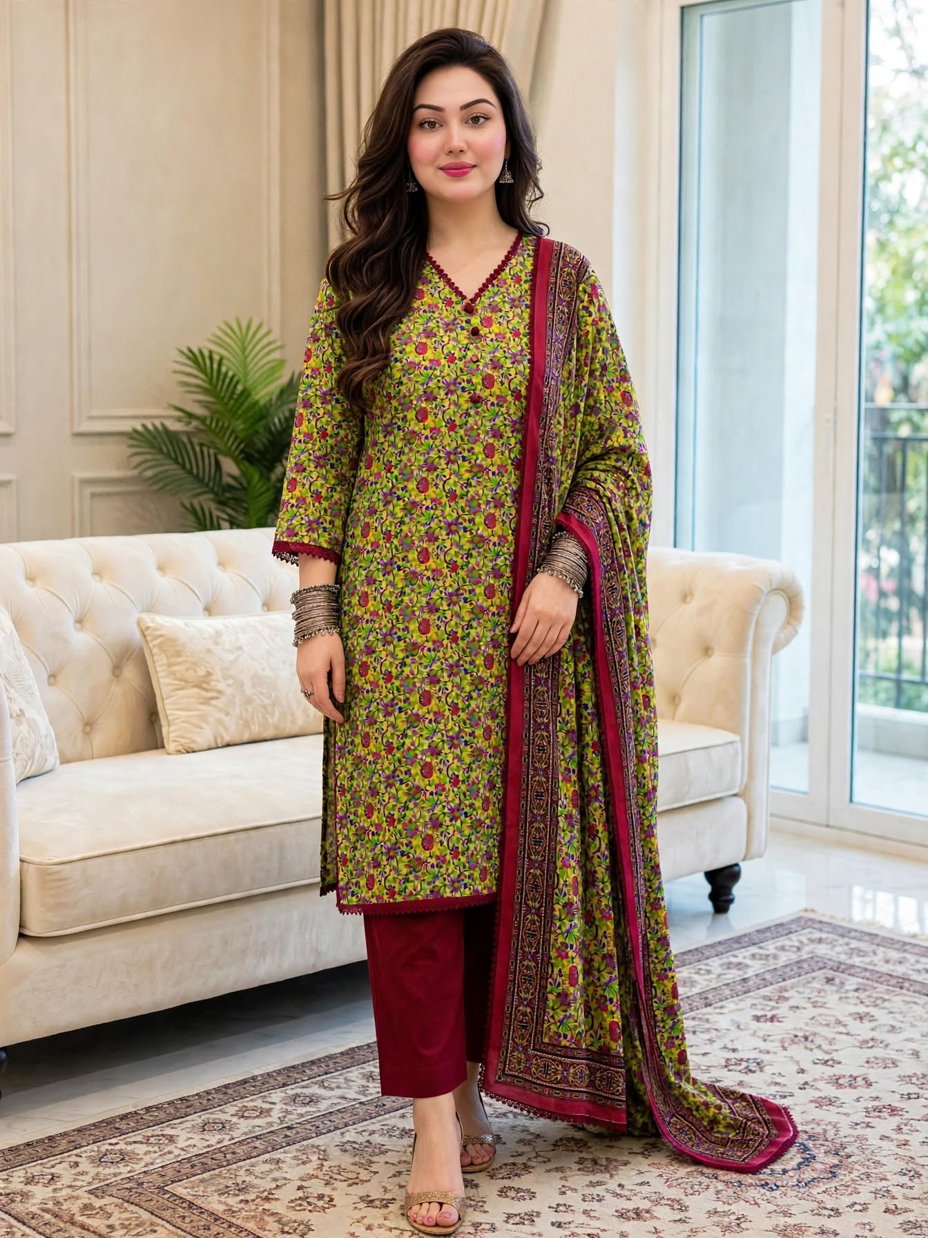 Crimson Bloom Linen 3-Piece With Chiffon Dupata - Image 7