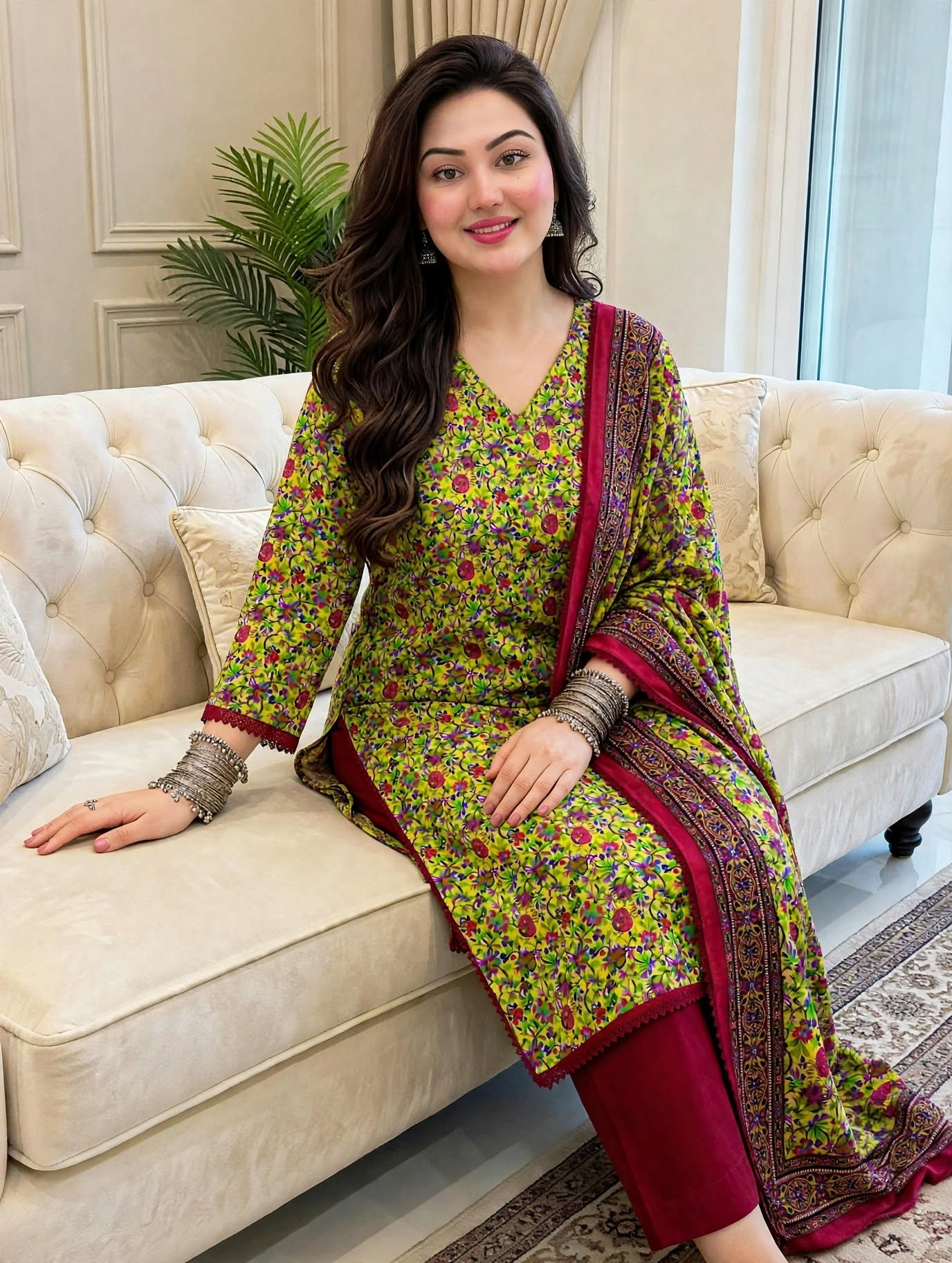Crimson Bloom Linen 3-Piece With Chiffon Dupata - Image 6