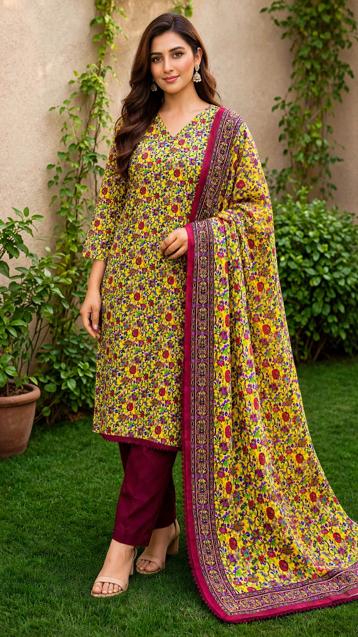 Crimson Bloom Linen 3-Piece With Chiffon Dupata - Image 5