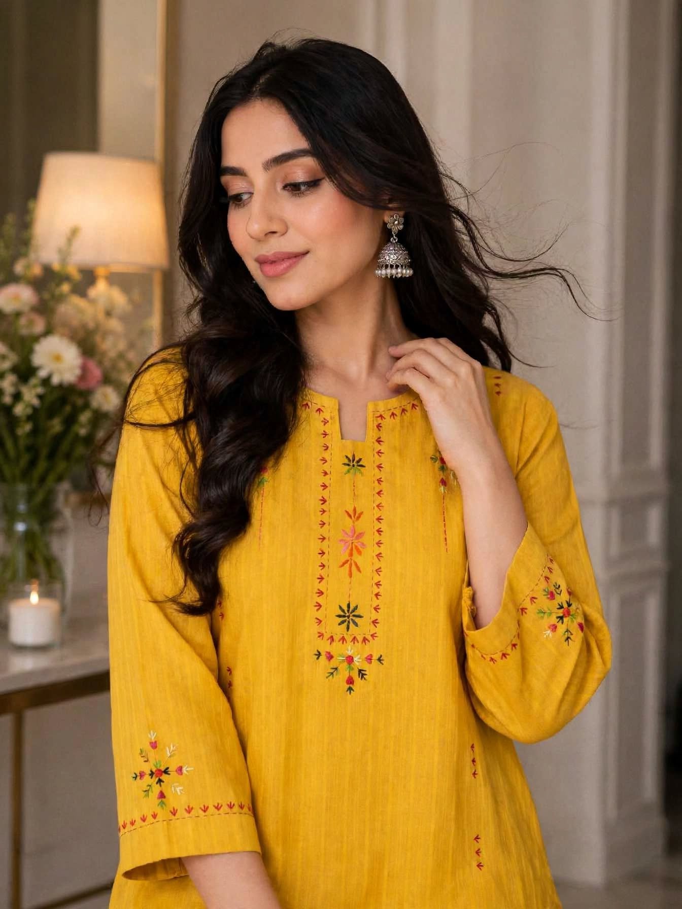 Mustard Gold Hand-Embroidered Kurta - Image 5