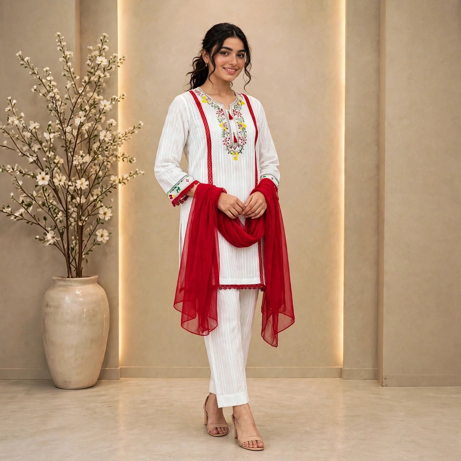 White Floral Hand-Embroidered with Red Embellishments - Image 4