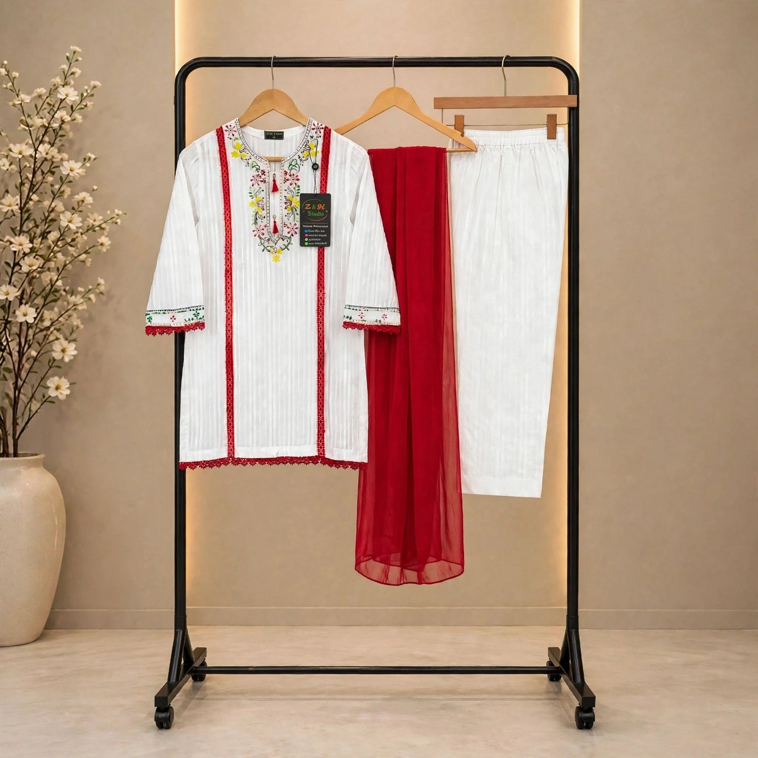White Floral Hand-Embroidered with Red Embellishments - Image 2