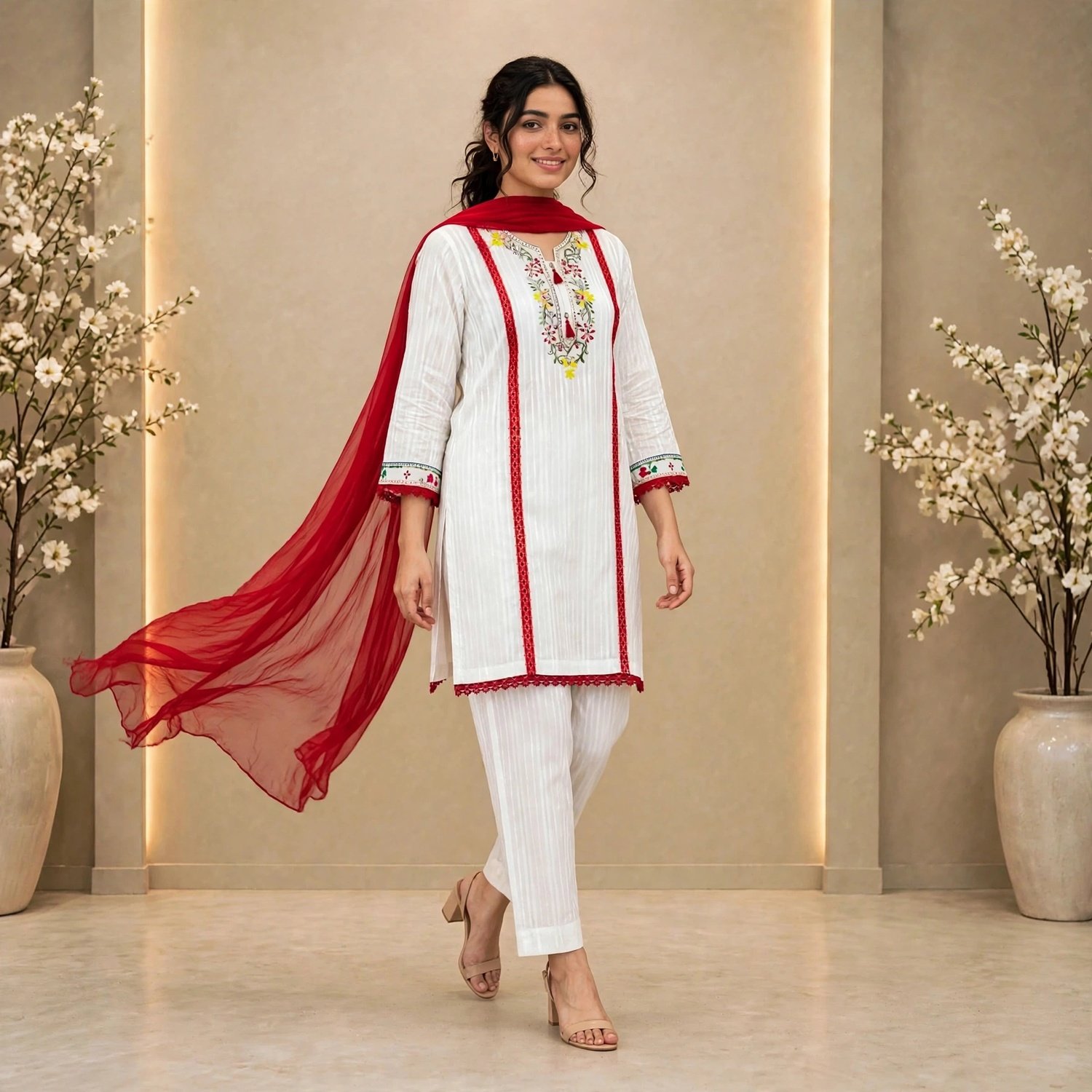 White Floral Hand-Embroidered with Red Embellishments - Image 6