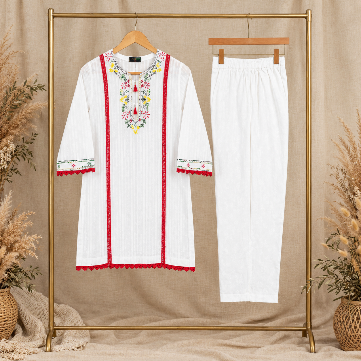 White Floral Hand-Embroidered with Red Embellishments - Image 5