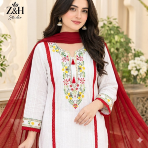 White Floral Hand-Embroidered with Red Embellishments
