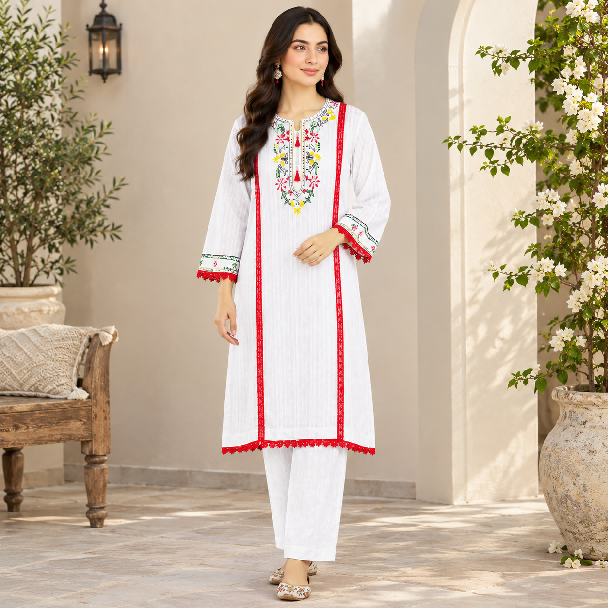 White Floral Hand-Embroidered with Red Embellishments - Image 9