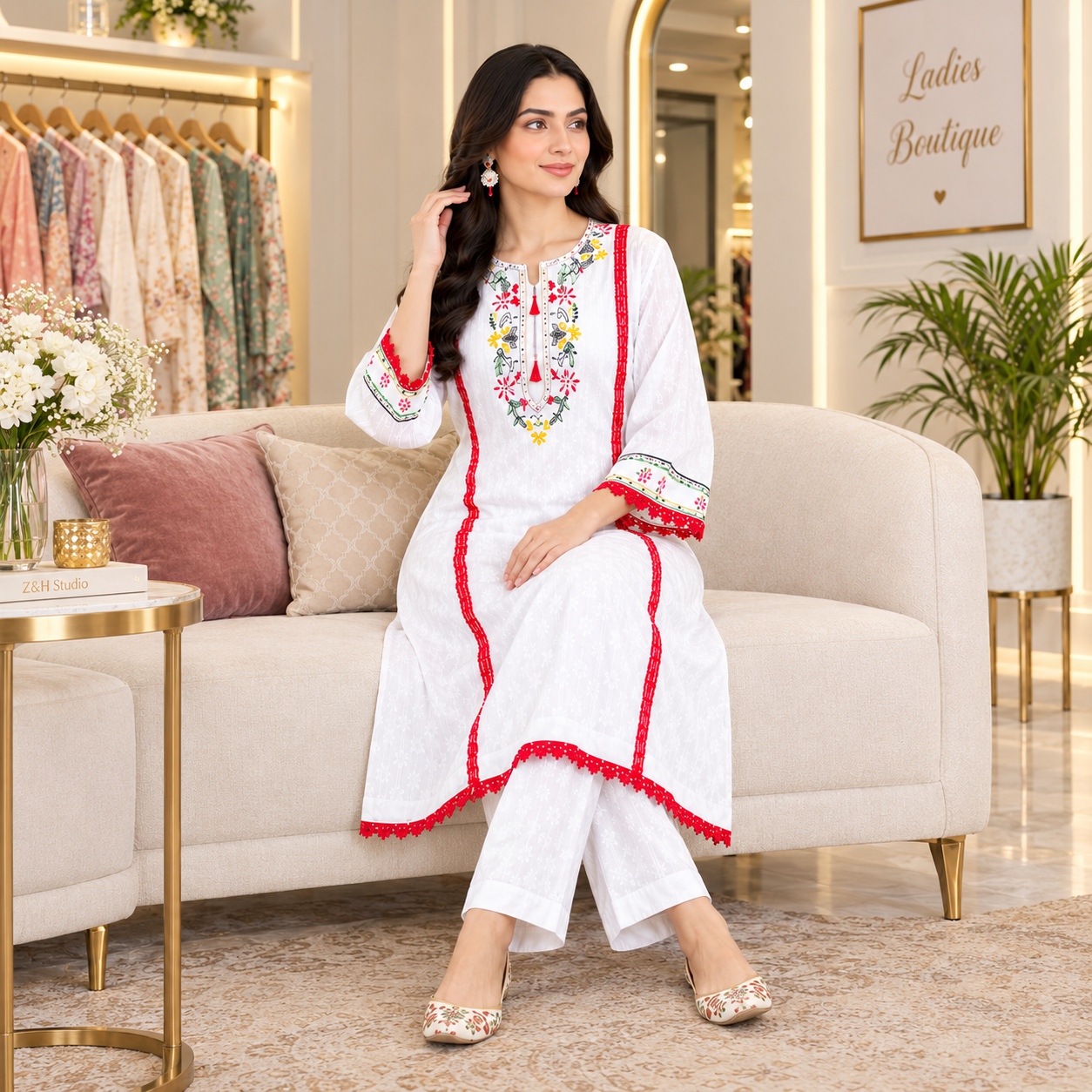White Floral Hand-Embroidered with Red Embellishments - Image 8