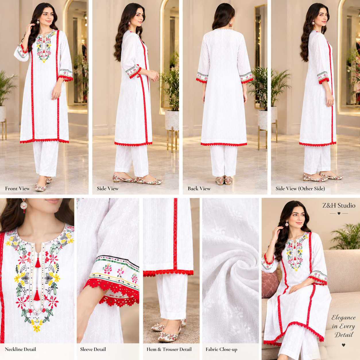 White Floral Hand-Embroidered with Red Embellishments - Image 7