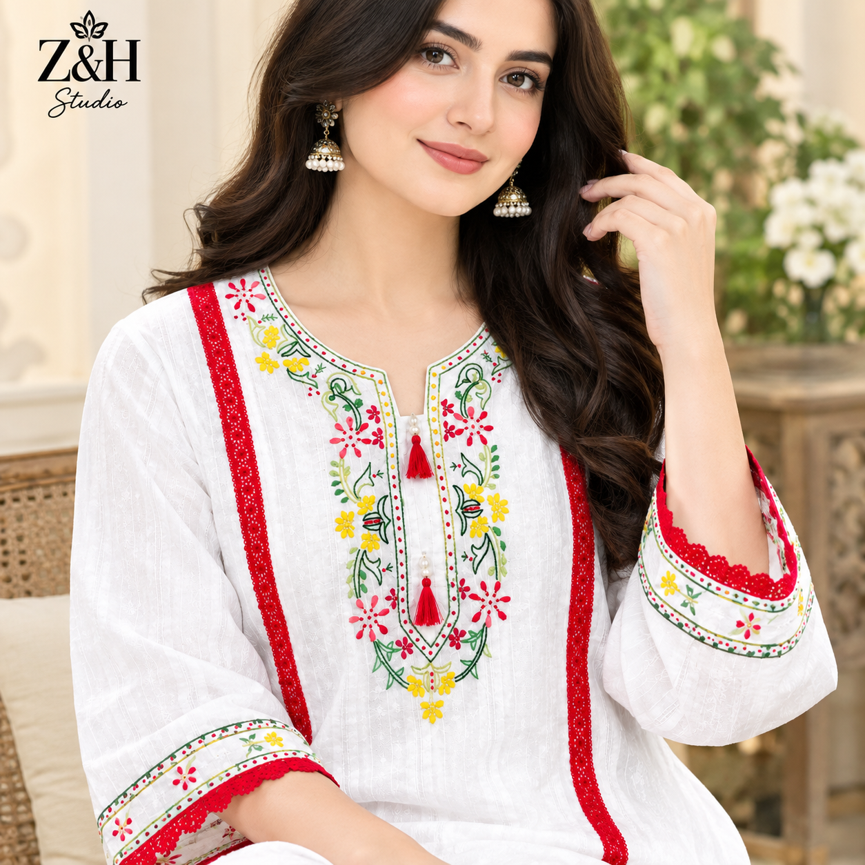 White Floral Hand-Embroidered with Red Embellishments - Image 10