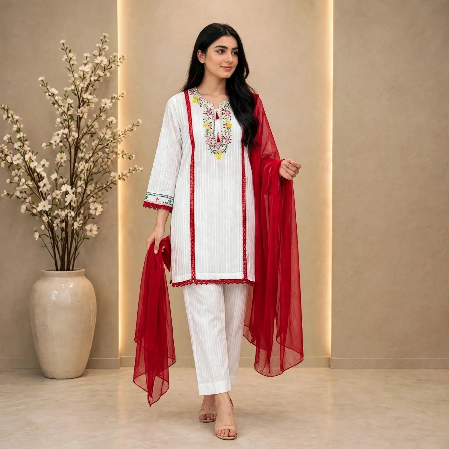 White Floral Hand-Embroidered with Red Embellishments - Image 11